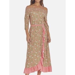 Cabana Life Floral Off Shoulder Maxi Dress Pink Ruffle Large boho resort beach